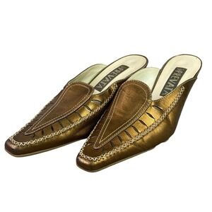 Prevata Shoes Womens 7 Gold Italian Mules Heels Metallic Festival Party Career